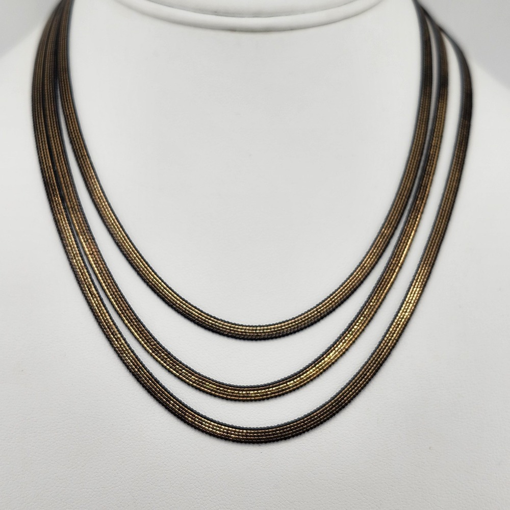 BMR Triple Strand Layered Flat Chain Antiqued Gold And Black Necklace
